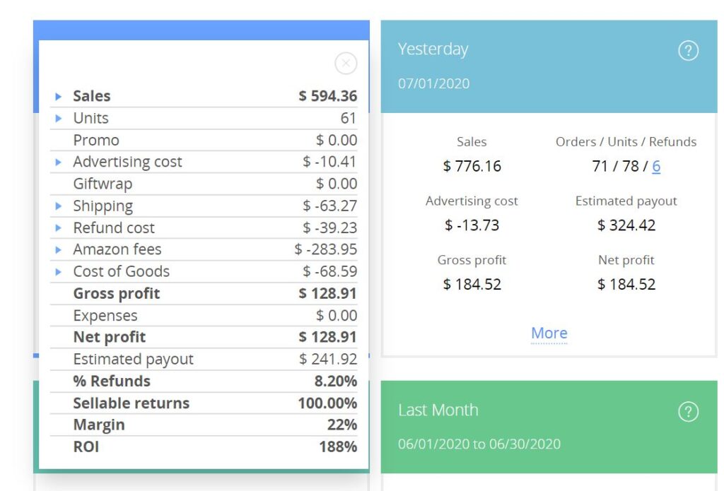 SellerBoard Dashboard - More button